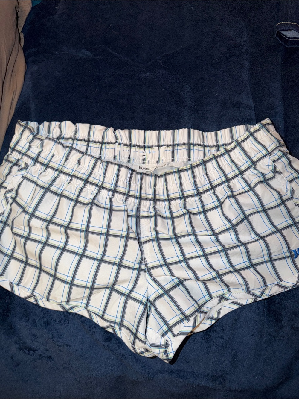 Hurley White Plaid Swim Shorts with Blue and Lime Accents